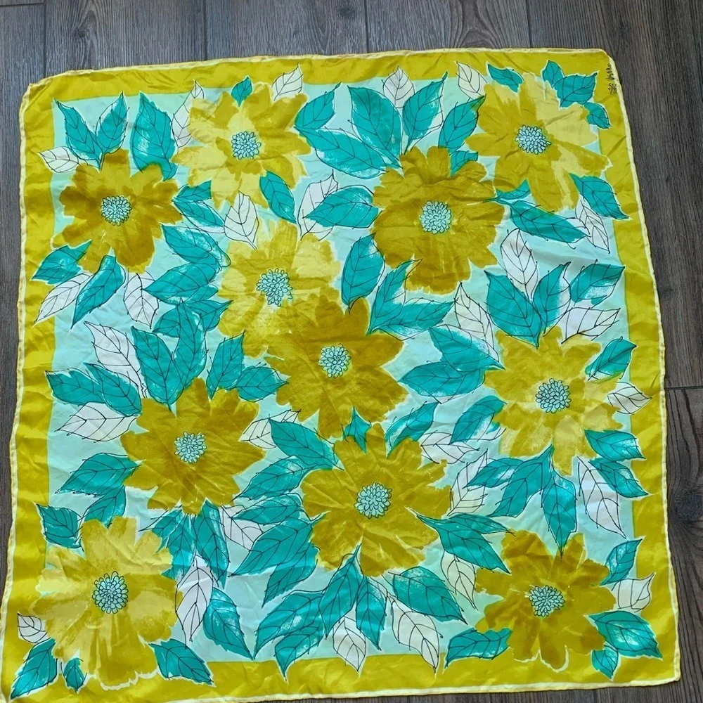 Yellow Floral Scarf with Teal Leaves